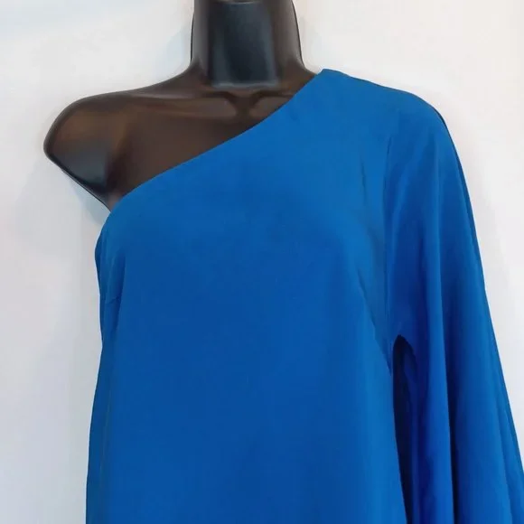 NICOLE MILLER 0 Blue One Shoulder Waterfall Sleeve Dress Lined Special Occasion - Picture 3 of 15